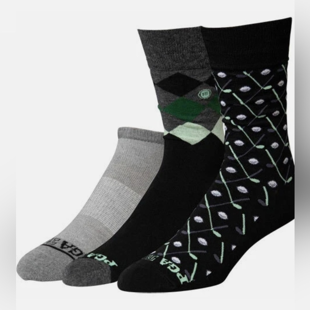 PGA TOUR Socks Mens 9-12 GIFT SET 3 Pair Crew Low Rider Novelty Argyle Clubs NWT